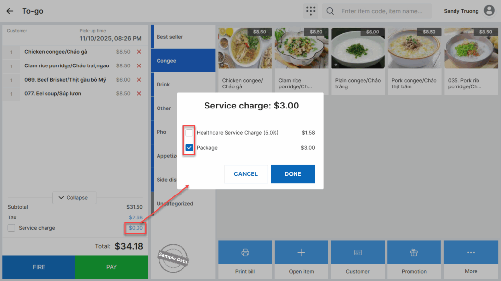 Dine In Incharge Set up service charge for Dine-in, To-go và Delivery – Tài liệu hướng dẫn